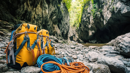 Rock climbing gear set on rocky surface with cliff and climbing route in backgroundの素材