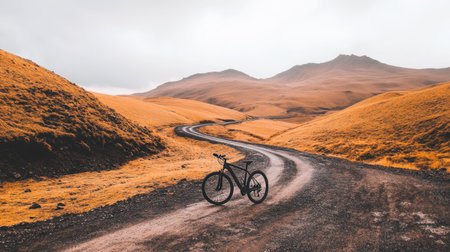 Mountain pass with switchback road and single bicycle resting at summitの素材