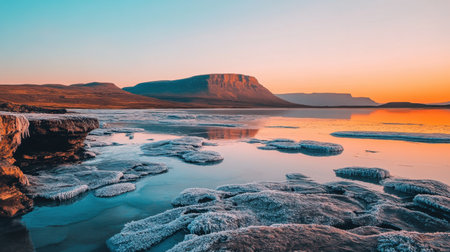Rocks covered in frost with icy cliffs and distant mountain ridges against clear skyの素材