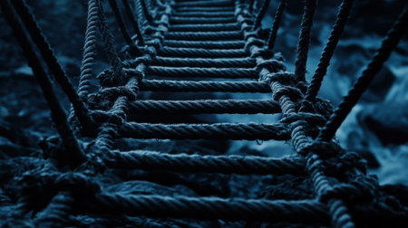 Rope bridge swaying over rocky river crossing in a jungle trekking routeの素材