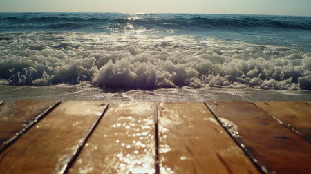 Sand-covered board at water's edge as tide rolls over waxed deckの素材
