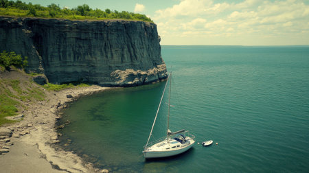 Sailboat moored beside coastal cliffs with open water and gear on deckの素材