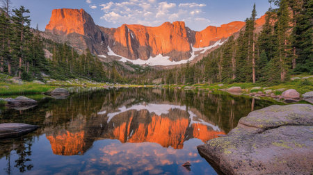 Snowy summit reflected in crystal-clear alpine lake with rocky outcrop in foregroundの素材