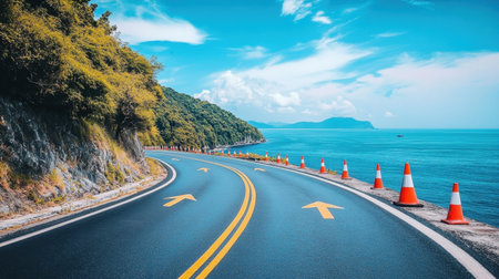 Scenic coastal road marked with race arrows and cones for marathon routeの素材