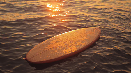Sunset reflecting on ocean with lone surfboard bobbing on the waterの素材