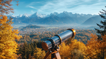Tourist telescope overlooking panoramic mountain valley with vivid autumn foliageの素材