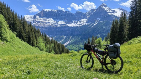 Touring setup with handlebar bag and gear near alpine lodgeの素材