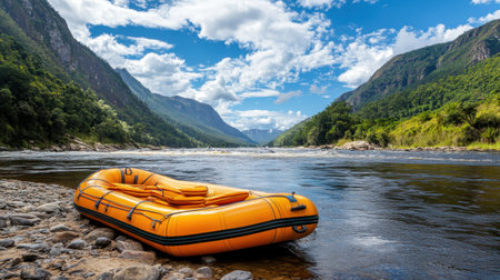 Whitewater raft docked on the shore near turbulent rapids in a remote river gorgeの素材