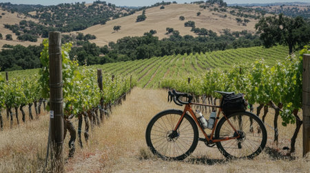 Touring bike leaning against vineyard fence on sunny countryside routeの素材