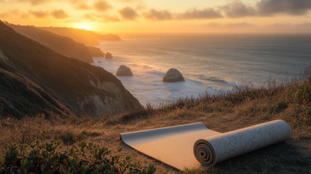 Yoga mat rolled out on a clifftop at sunrise, overlooking ocean waves belowの素材