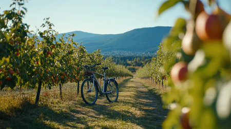 Touring bike in orchard with fruit trees and distant mountainsの素材