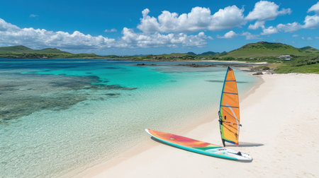 Windsurfing board lying on beach with colorful sail flapping in the breeze, ready to launchの素材