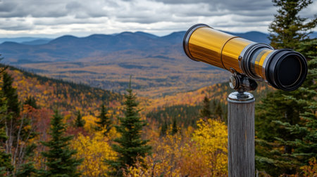 Tourist telescope overlooking panoramic mountain valley with vivid autumn foliageの素材