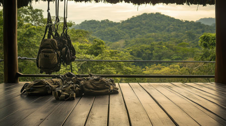 Zipline platform overlooking jungle canopy with gear neatly arranged on the deckの素材