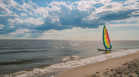 Windsurfing board lying on beach with colorful sail flapping in the breeze, ready to launchの素材