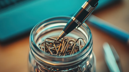 Close-up of paper clips in glass jar next to a stapler and penの素材
