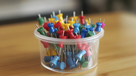Close-up of colorful push pins in a clear container sitting on a wooden tableの素材
