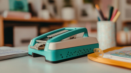 Close-up of stapler, hole punch, and tape dispenser placed on a modern office deskの素材