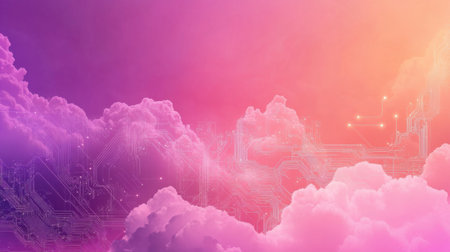 Digital cloud background with circuit overlays and abstract connectionsの素材