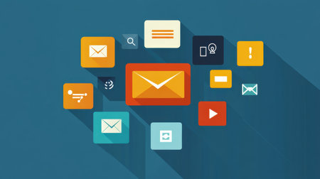 Flat design icons representing business communication email, chat bubble, and video callの素材