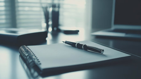 Open notebook with sticky notes, paperclips, and a fountain pen on a light desk surfaceの素材