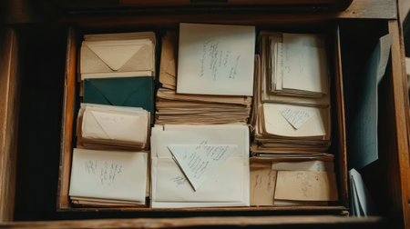 Office tray with stacks of paper, envelopes, and folders organized neatlyの素材