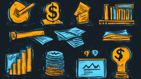 Hand-drawn business icon set with money, contract, growth, and investment conceptsの素材