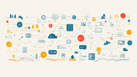 Cloud computing infographic template with icons, data flow, and connection linesの素材