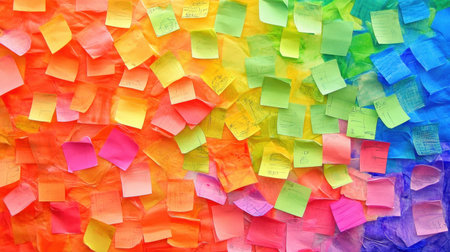 Office memo board with pinned sticky notes and color-coded paperの素材