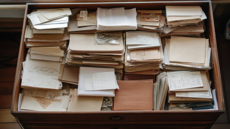 Office tray with stacks of paper, envelopes, and folders organized neatlyの素材