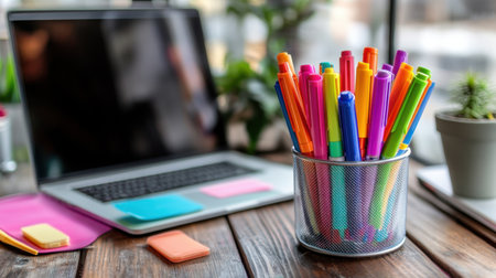 Set of colorful markers and pens arranged in a transparent holder beside a laptopの素材