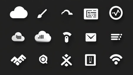 Technology and business integration icons with cloud computing, data, and analytics symbolsの素材