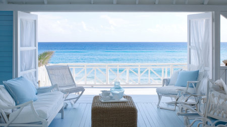 Bright coastal minimalist space with pale blue accents, natural fibers, and clean white furnishingsの素材