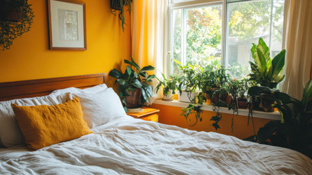 Bedroom with deep amber walls, soft cream-colored linens, and natural wood furniture for a cozy, inviting feelの素材