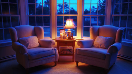 Cozy conversational layout with two armchairs facing sofa, soft lighting and small tableの素材