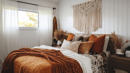 Boho chic bedroom with macrame wall art, patterned bedding, and layered textures for a lived-in feelの素材