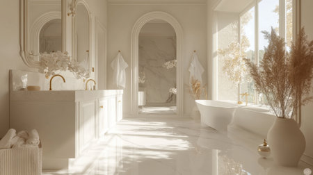 Chic bathroom with large mirrors, gold-accented faucets, and soft white marble floors for a luxurious settingの素材