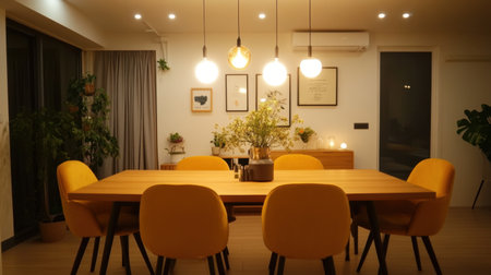 Cozy dining area with golden yellow chairs, warm oak table, and ambient lighting setting a welcoming toneの素材