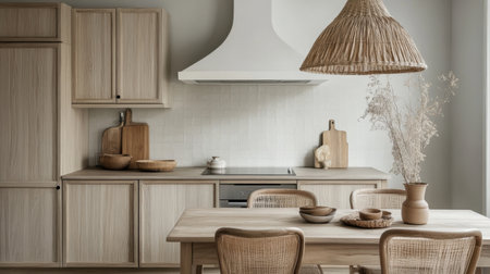 Classic Scandinavian flat with neutral color palette, wood finishes, and cozy moodの素材