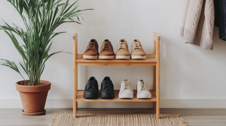 Entryway with wood shoe rack, woven rug, and a tall plant in a clay potの素材