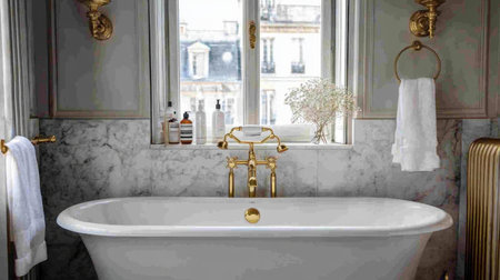 Elegant marble bathroom with gold accents, a large freestanding tub, and luxurious toiletries neatly arrangedの素材