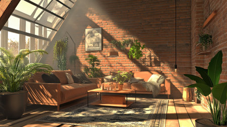 Eco-minimalist living room with sustainable furnishings, indoor plants, and earth-toned accentsの素材