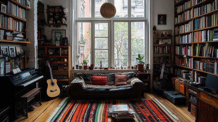 Interior view of a home library with custom shelving, hardwood floors, and curated decorative objectsの素材