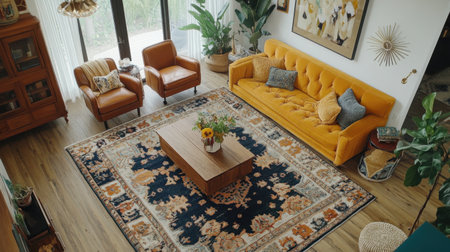 Eclectic room layout with vintage furniture, colorful rug, and intentional furniture placementの素材