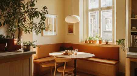 Scandinavian breakfast nook with simple table, bench seating, and warm neutral tonesの素材