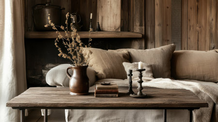 Rustic wood coffee table with iron legs in a modern farmhouse-style living roomの素材