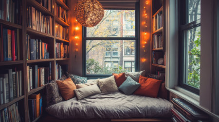 Small cozy nook bed surrounded by pillows, soft lights, and bookshelves for a tucked-in vibeの素材