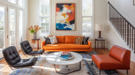 Transitional interior design blending modern and classic elements with curated artwork and furnitureの素材