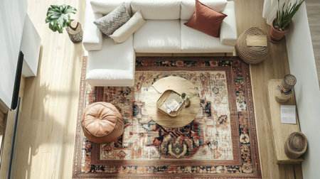 Transitional living room layout with blend of modern and traditional furniture arrangementの素材