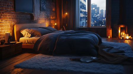 Urban loft bedroom with industrial details, cozy bedding, and moody, warm-toned lightingの素材